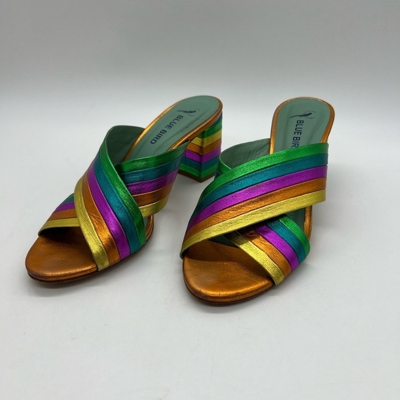 BLUE BIRD WOMEN’S GORGEOUS RAINBOW LEATHER SLIP ON SANDALS HEELS SIZE 6B - Picture 1 of 13